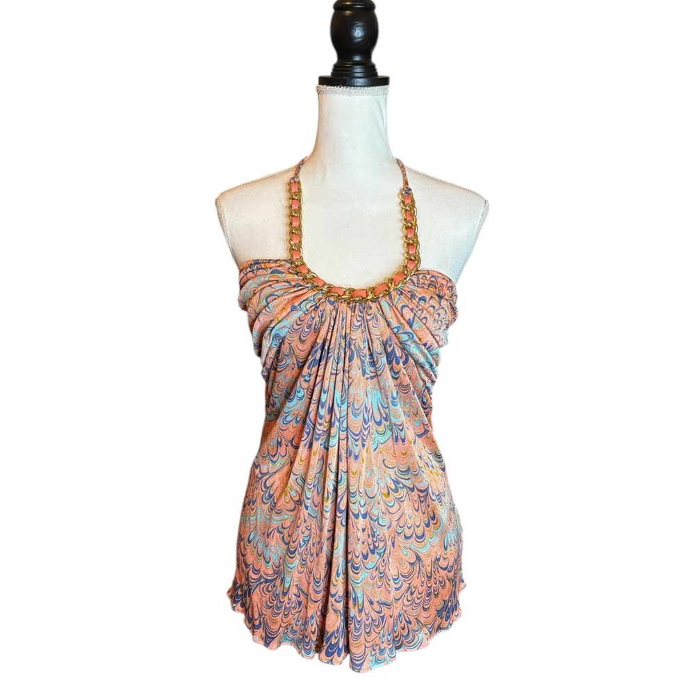 Vintage Sky Y2K Chain and Leather Silk Halter Top - Oil Slick Print